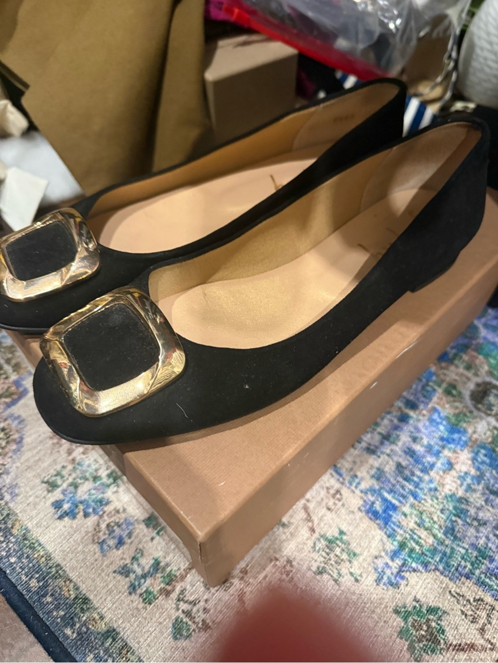 FS/NY Women’s Black Suede Ballet Flats with Gold Buckle